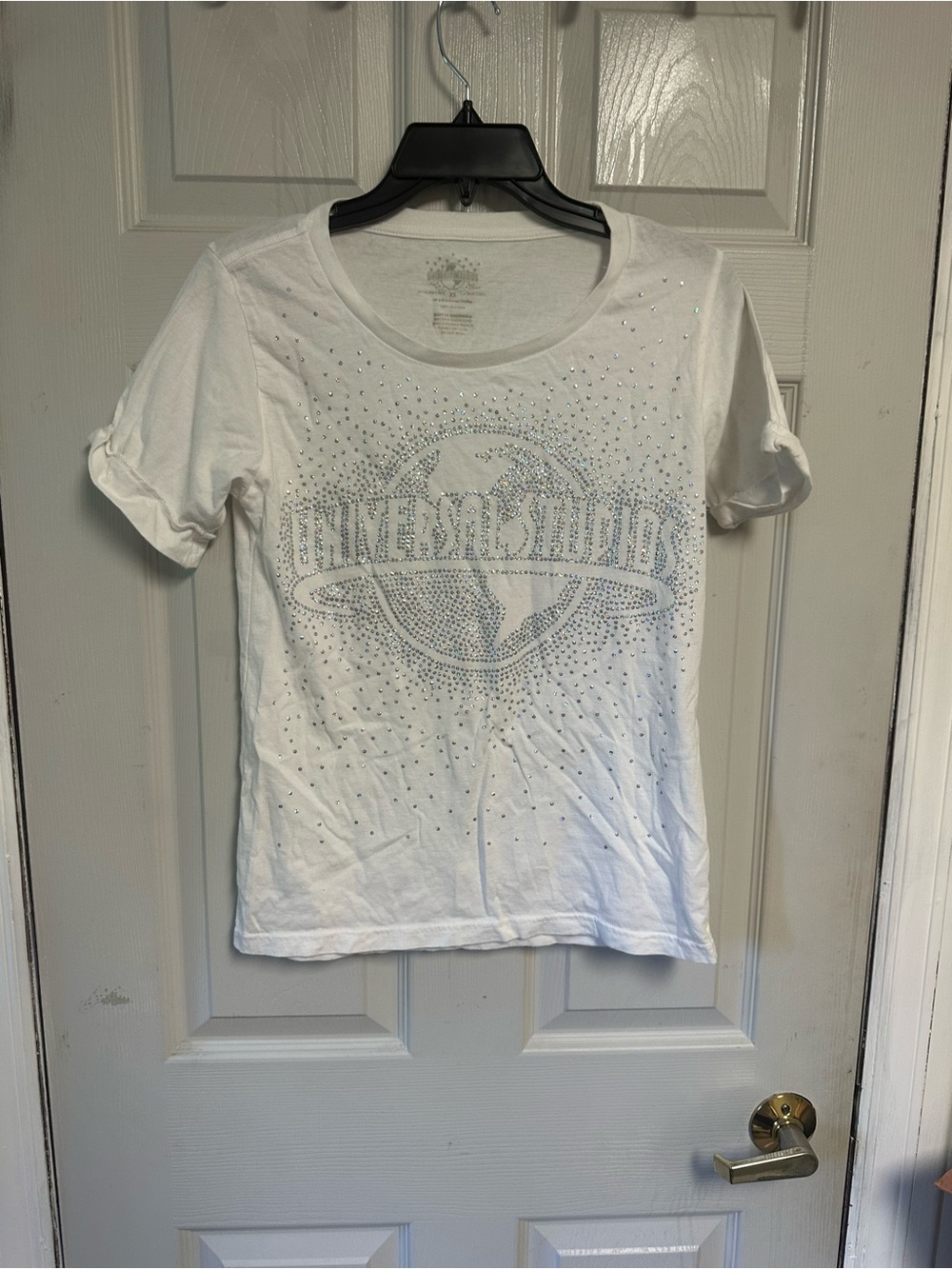 Universal White Rhinestone Globe Short Sleeve Tee